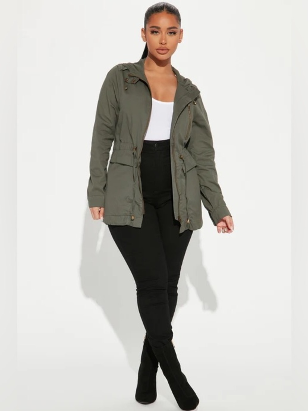 Fashion Nova Wandered Hooded Utility Jacket Khaki Green drawstring Anorak Parka